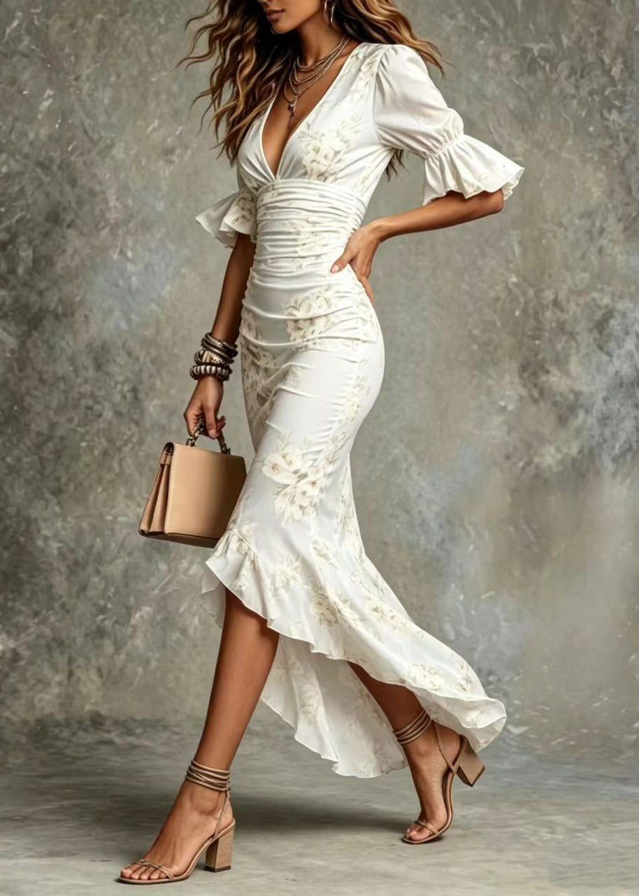 White Print Holiday Dress V Neck Ruffled Flare Sleeve