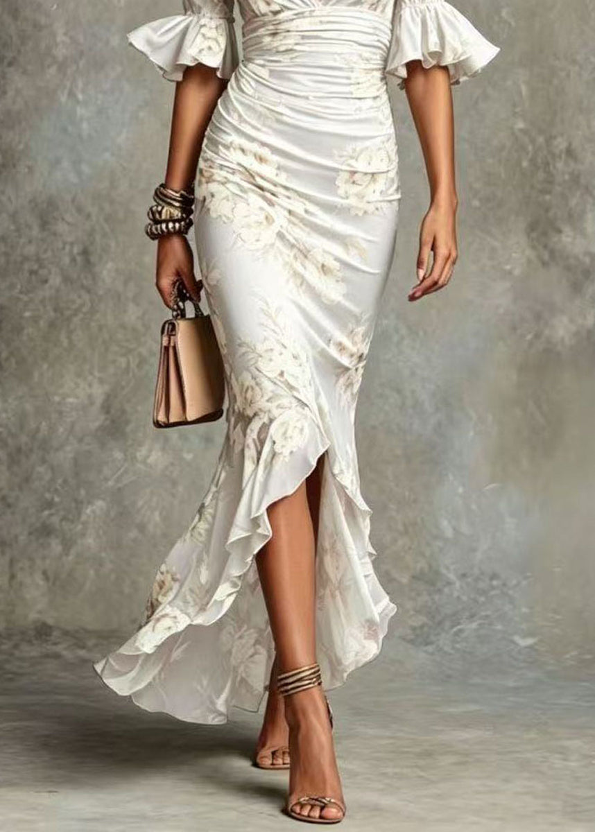 White Print Holiday Dress V Neck Ruffled Flare Sleeve