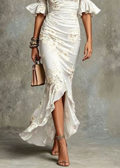 White Print Holiday Dress V Neck Ruffled Flare Sleeve