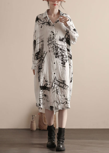 White Print Patchwork Linen Shirts Dress Peter Pan Collar Spring
