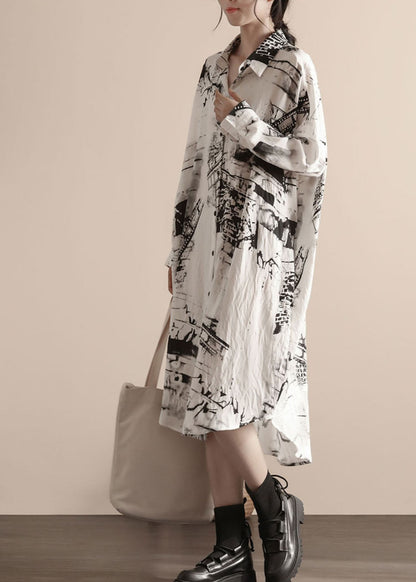 White Print Patchwork Linen Shirts Dress Peter Pan Collar Spring
