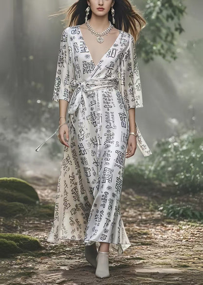 White Print Silk Vacation Dress Cinched Bracelet Sleeve