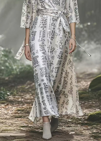 White Print Silk Vacation Dress Cinched Bracelet Sleeve