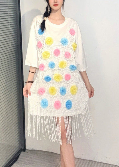 White Print Tassel Mid Dresses Short Sleeve
