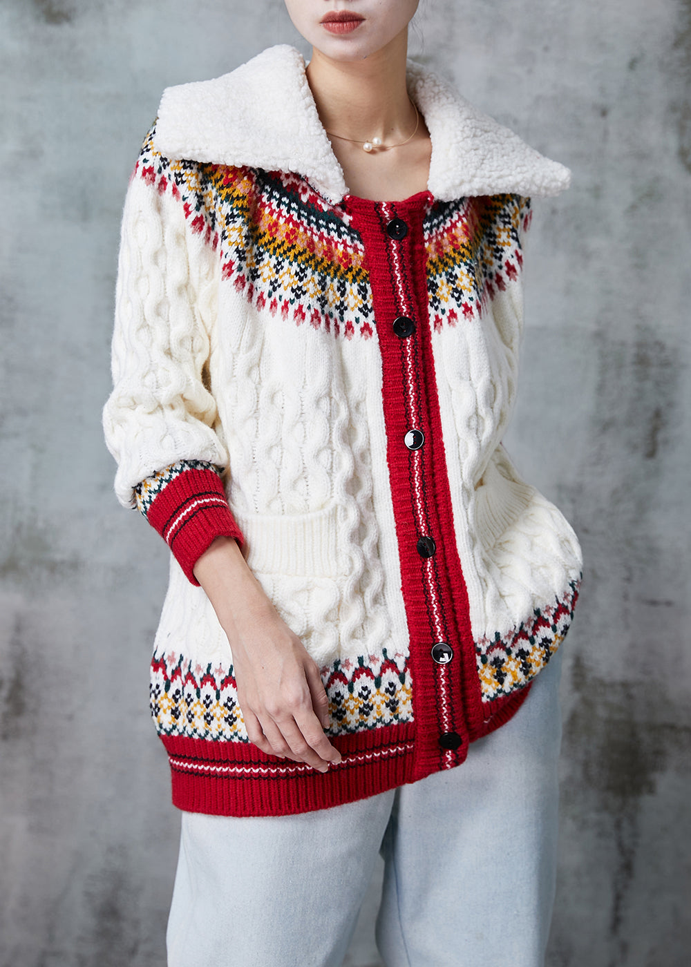 White Print Thick Knit Cardigan Peter Pan Collar Spring