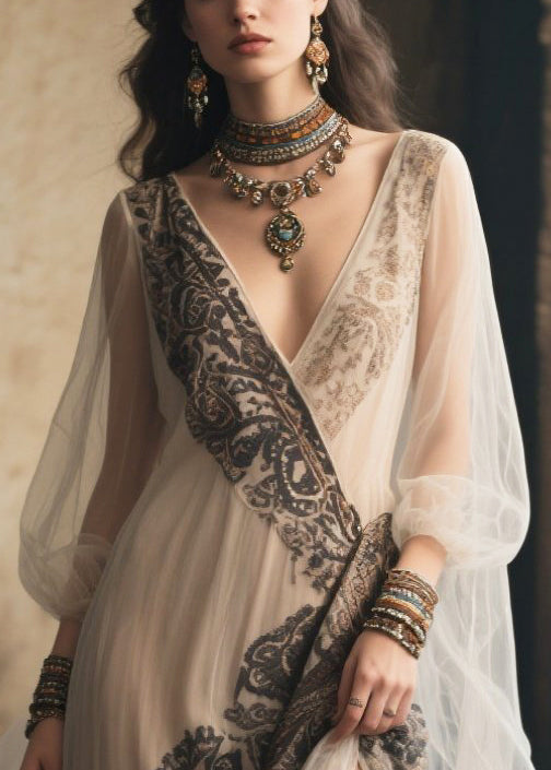 White Print Tulle Party Dress Exra Large Hem Side Open Summer