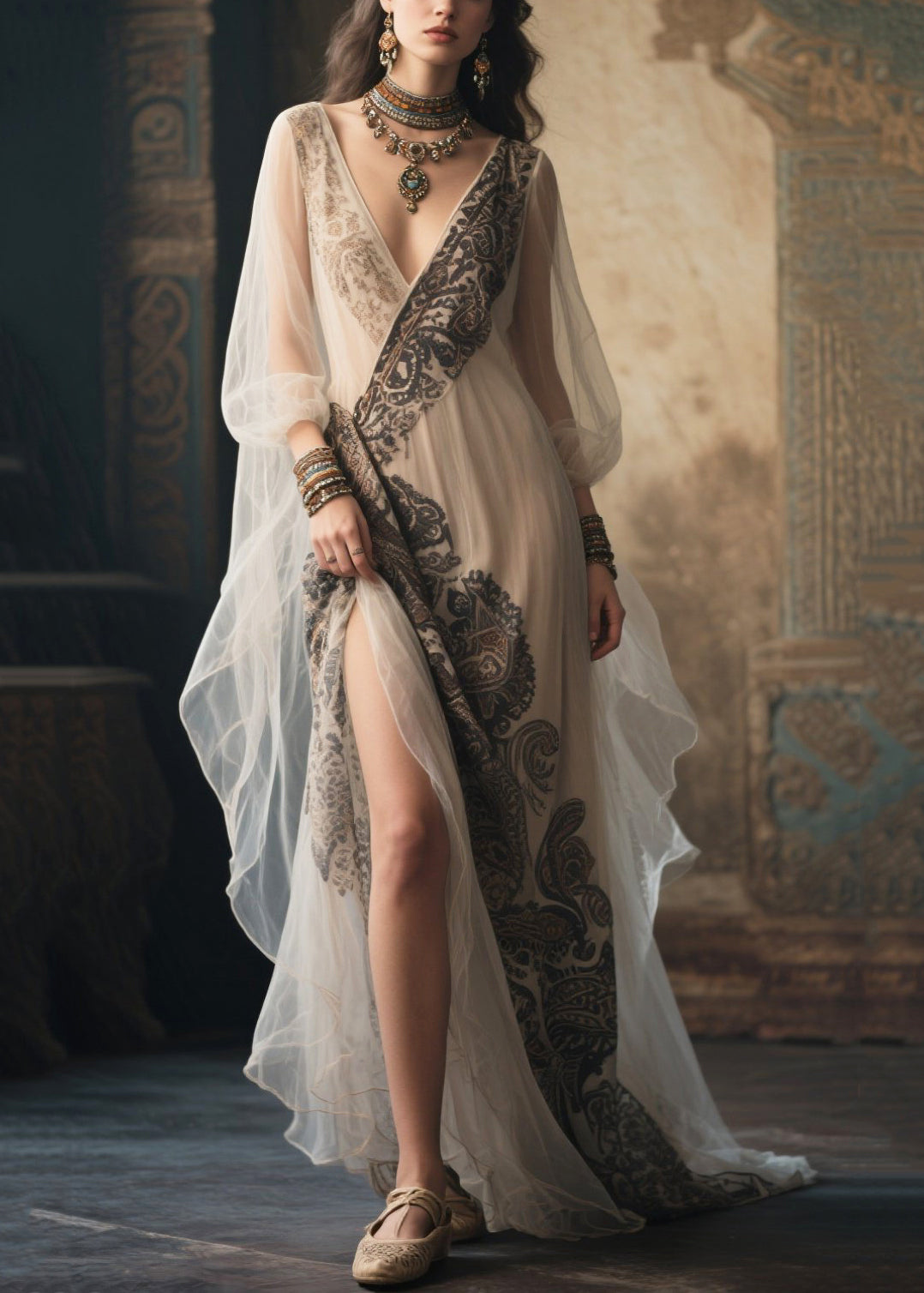 White Print Tulle Party Dress Exra Large Hem Side Open Summer