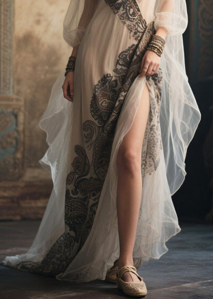 White Print Tulle Party Dress Exra Large Hem Side Open Summer