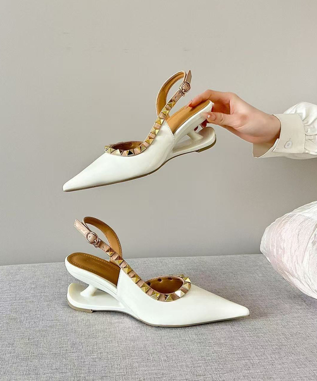 White Rivet Faux Leather Boutique Splicing High Wedge Heels Shoes Pointed Toe