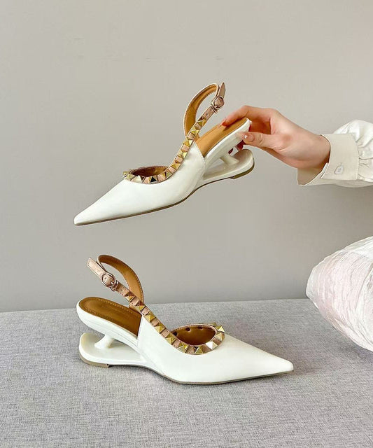 White Rivet Faux Leather Boutique Splicing High Wedge Heels Shoes Pointed Toe