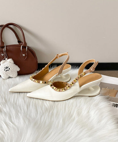 White Rivet Faux Leather Boutique Splicing High Wedge Heels Shoes Pointed Toe