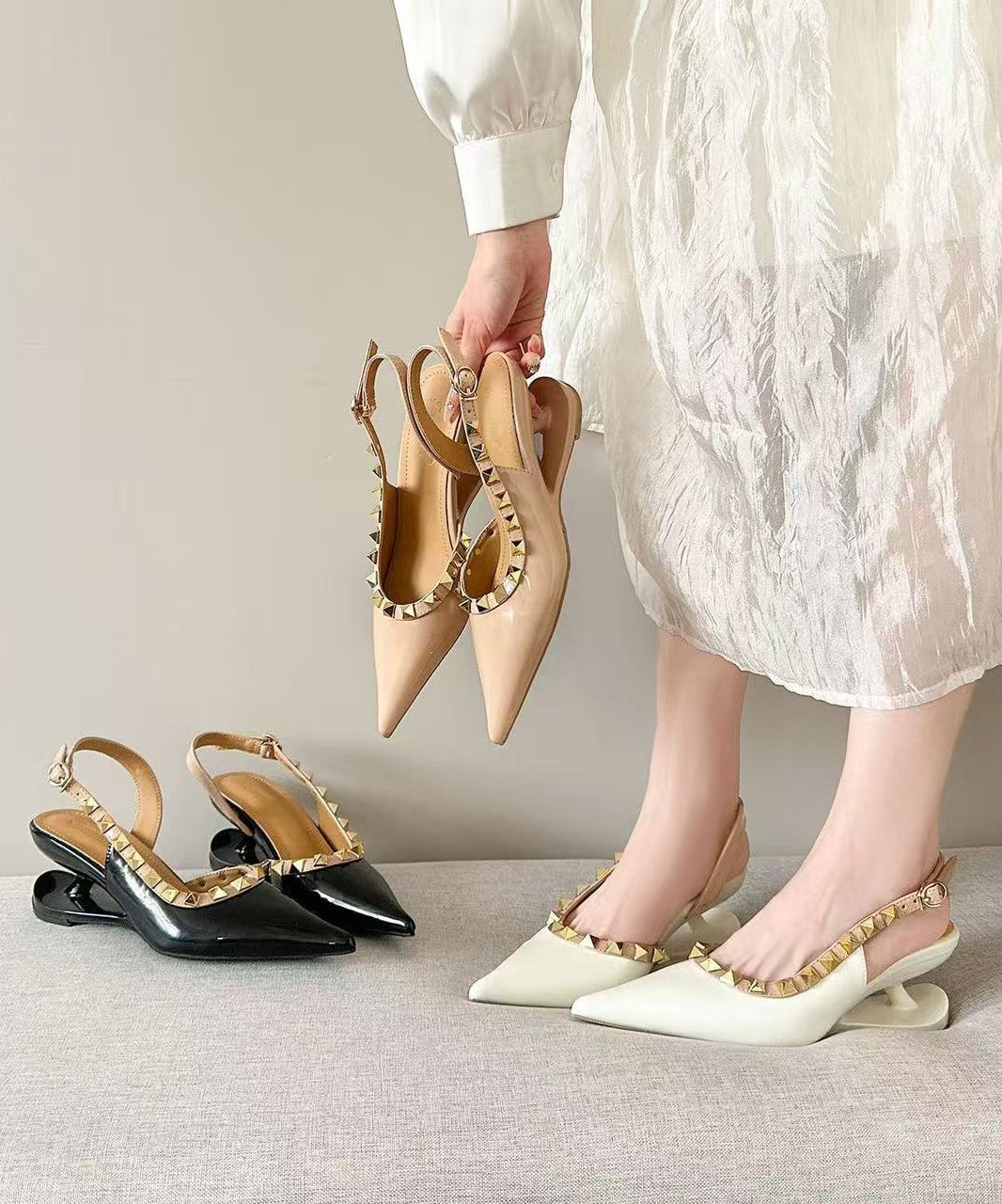 White Rivet Faux Leather Boutique Splicing High Wedge Heels Shoes Pointed Toe