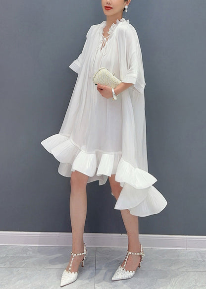 White Ruffled Patchwork Maxi Dress Half Sleeve