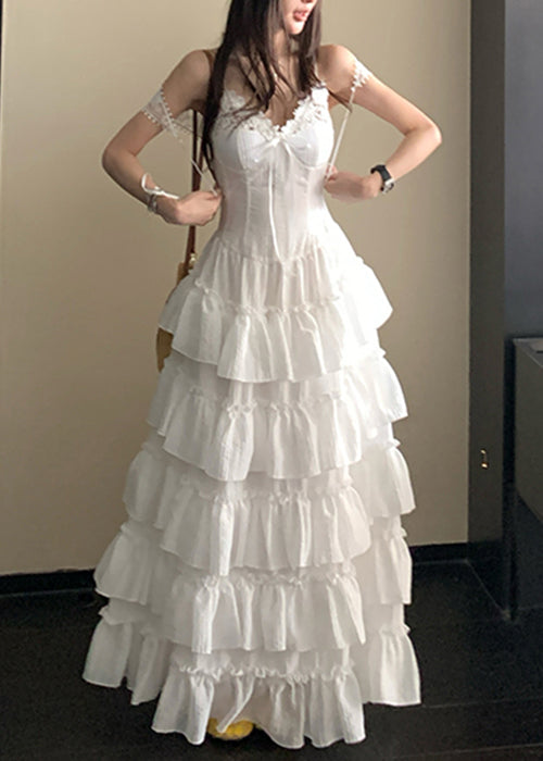 White Ruffled Zippered Cotton Spaghetti Strap Dress V Neck Summer