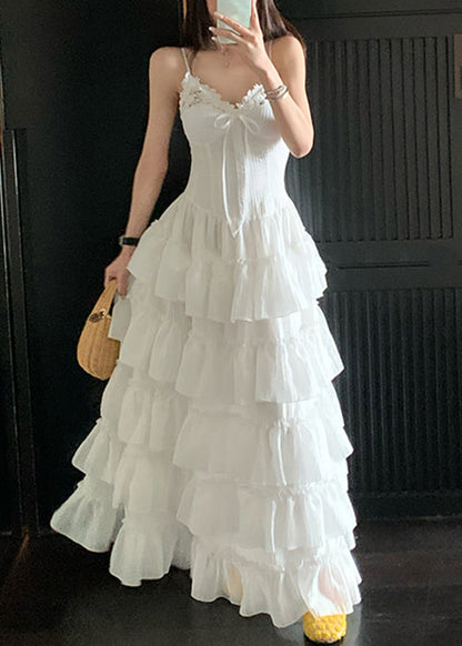 White Ruffled Zippered Cotton Spaghetti Strap Dress V Neck Summer