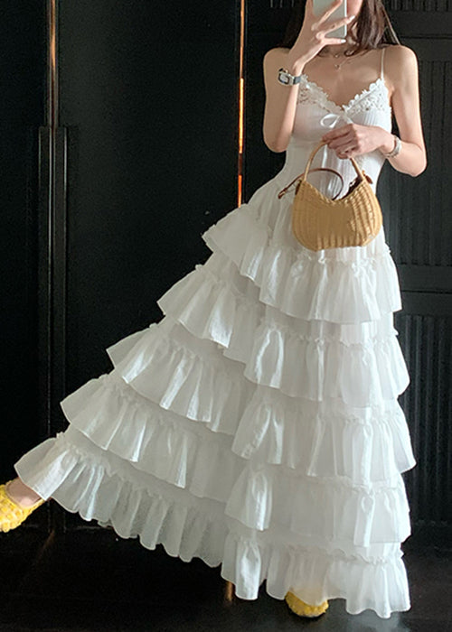White Ruffled Zippered Cotton Spaghetti Strap Dress V Neck Summer