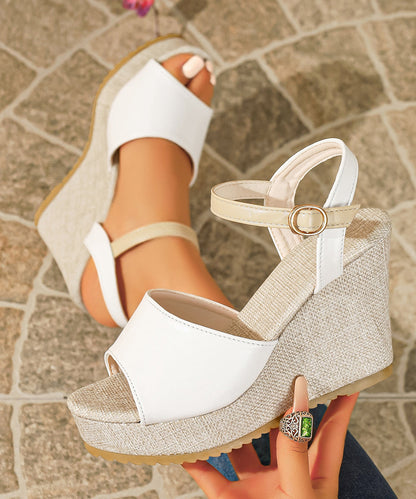 White Sandals Wedge Faux Leather Handmade Splicing Buckle Strap