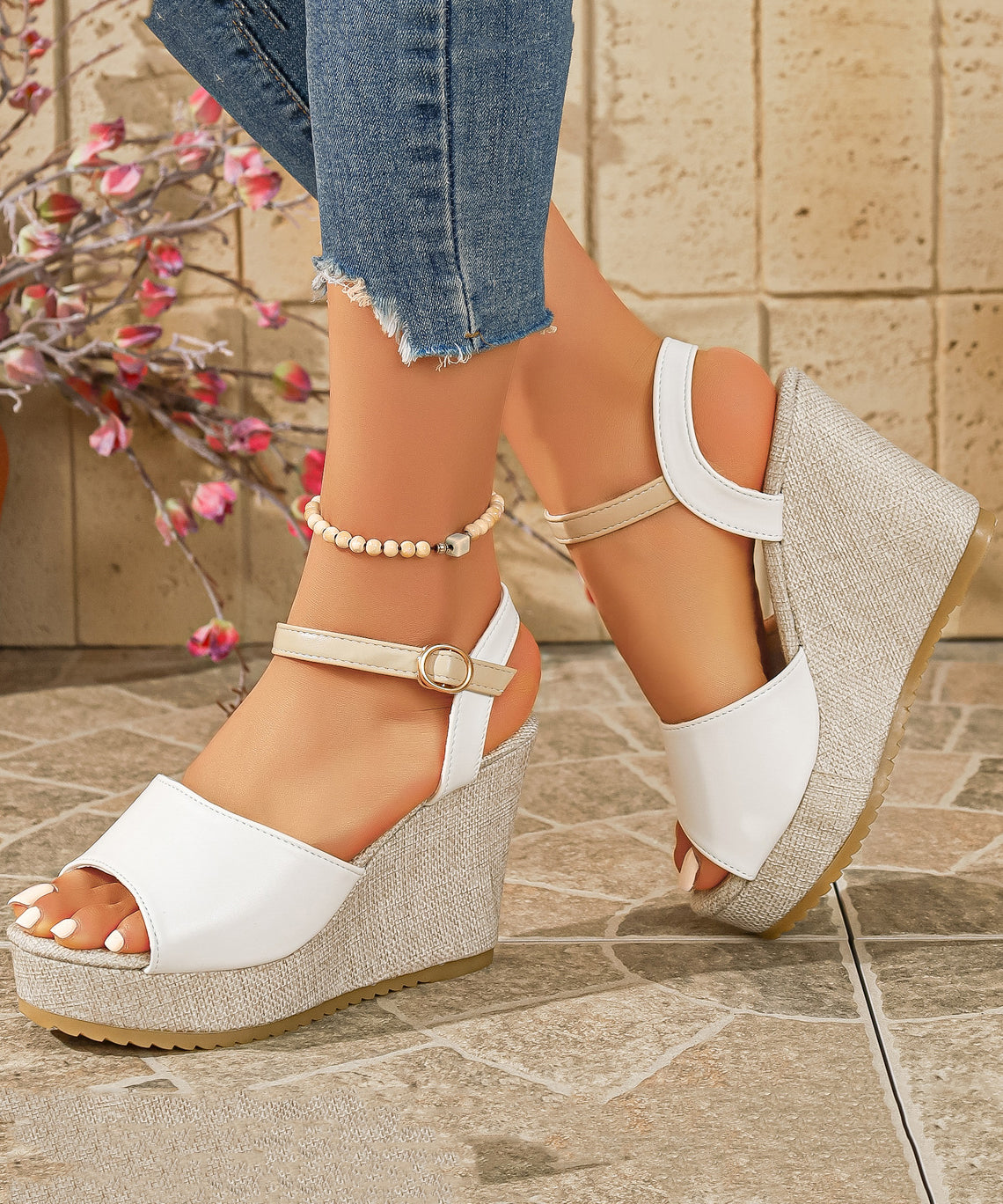 White Sandals Wedge Faux Leather Handmade Splicing Buckle Strap