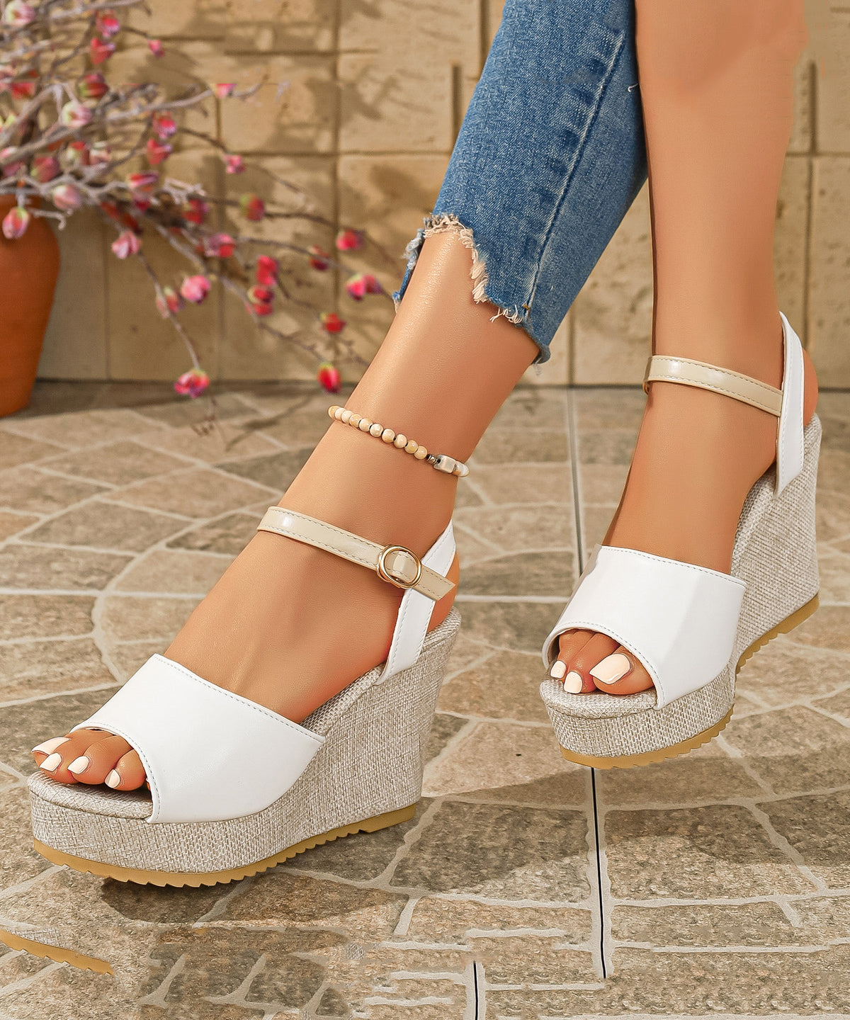 White Sandals Wedge Faux Leather Handmade Splicing Buckle Strap