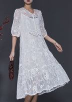 White Silk Maxi Dress V Neck Embroidered Half Sleeve