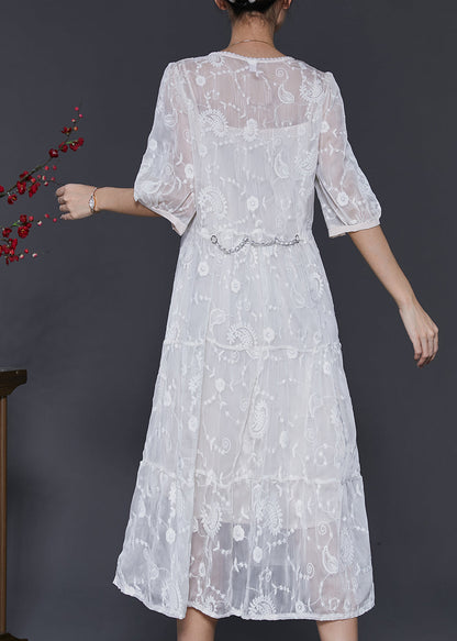 White Silk Maxi Dress V Neck Embroidered Half Sleeve