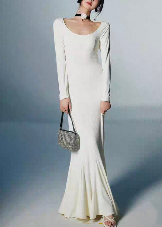 White Solid Cotton Fall Fishtail Dresses O Neck