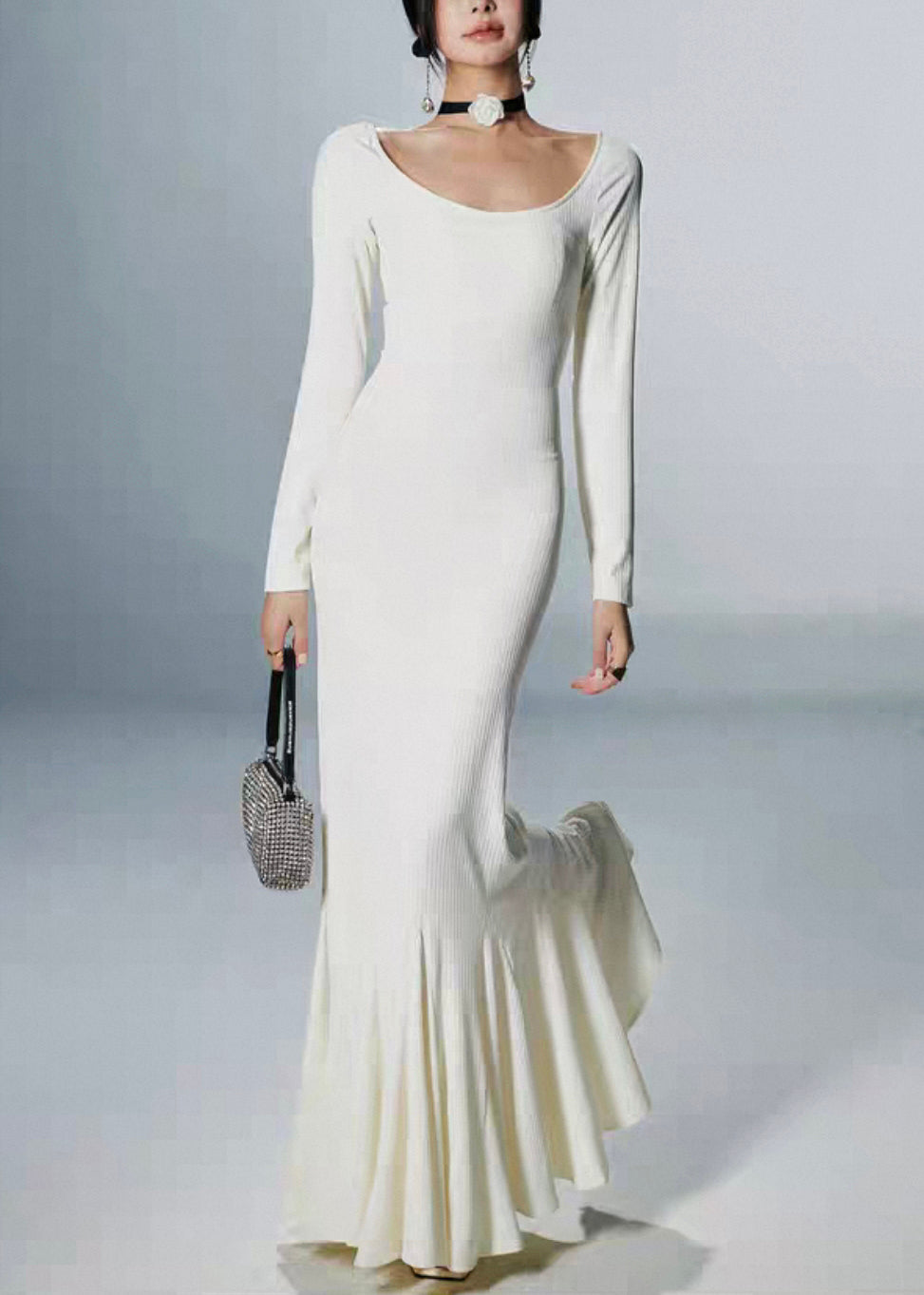 White Solid Cotton Fall Fishtail Dresses O Neck