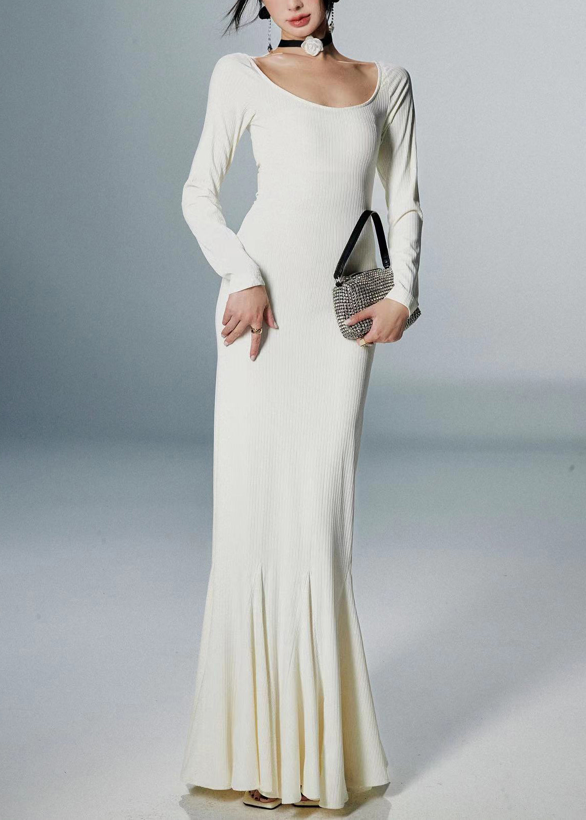 White Solid Cotton Fall Fishtail Dresses O Neck