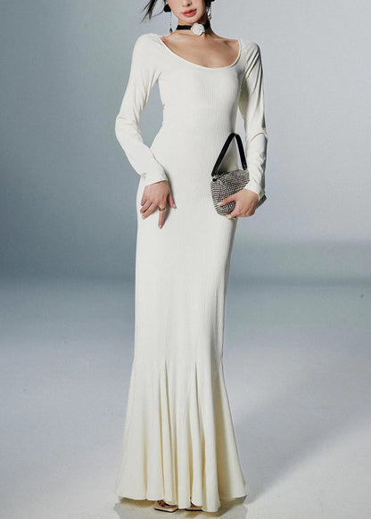 White Solid Cotton Fall Fishtail Dresses O Neck