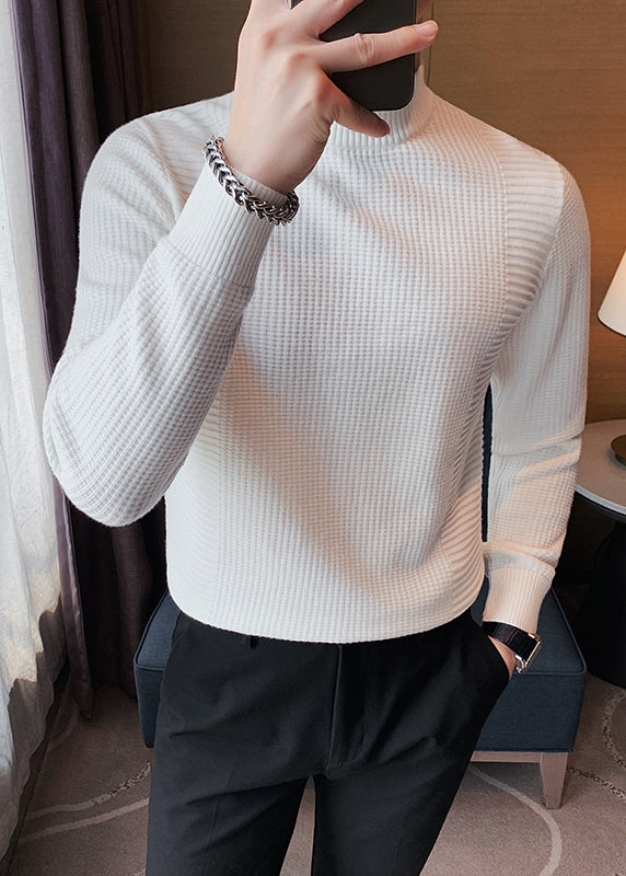 White Solid Knit Sweater Men Fall Turtleneck