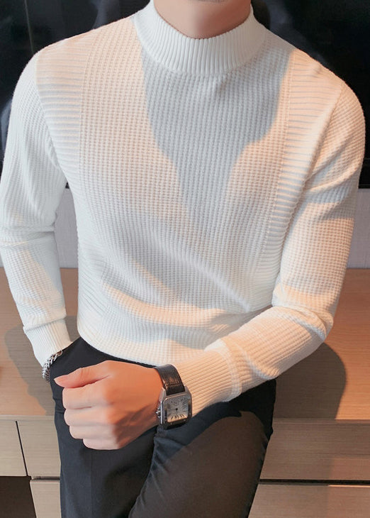 White Solid Knit Sweater Men Fall Turtleneck
