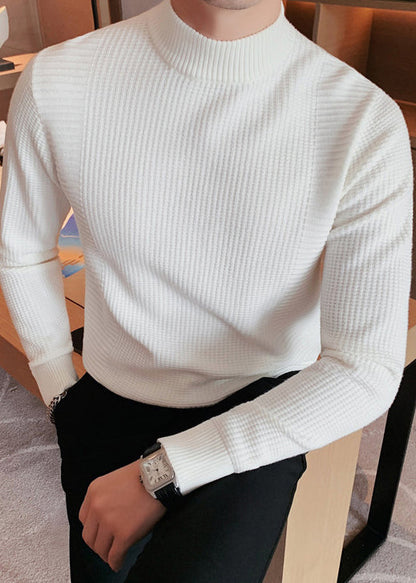 White Solid Knit Sweater Men Fall Turtleneck