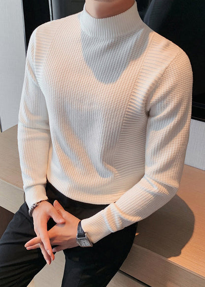 White Solid Knit Sweater Men Fall Turtleneck