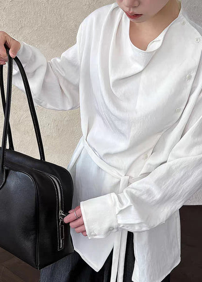 White Stand Collar Button Solid Shirts Lantern Sleeve