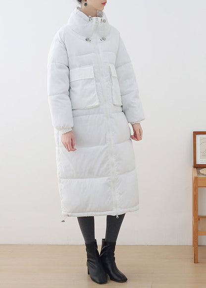 White Stand Collar Drawstring Thick Long Parka Winter