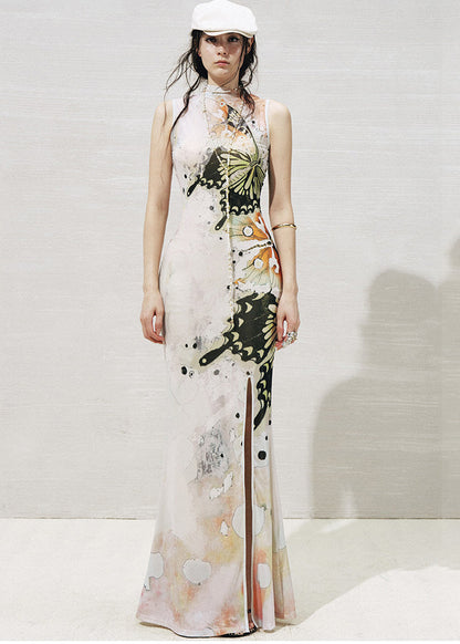 White Stand Collar Side Open Tulle Maxi Dresses Two Piece Set Sleeveless