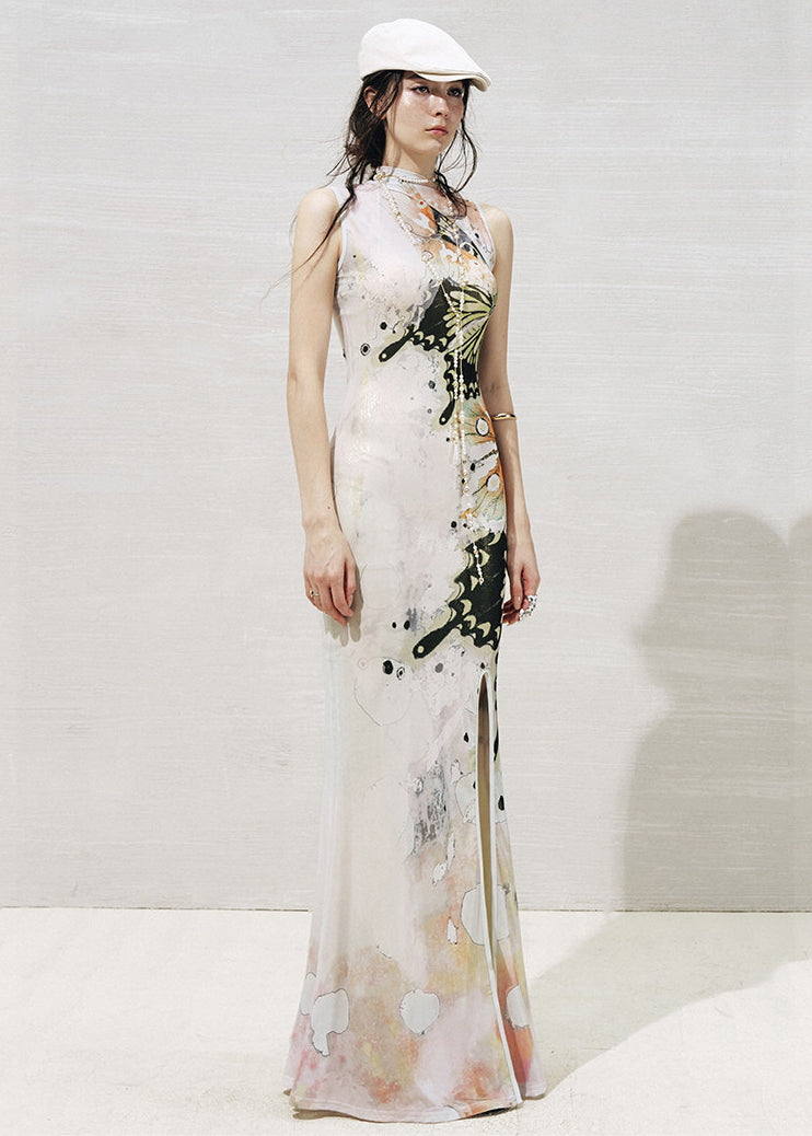 White Stand Collar Side Open Tulle Maxi Dresses Two Piece Set Sleeveless