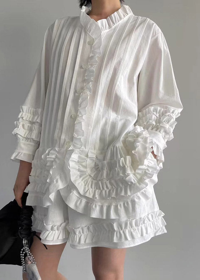 White Stand Collar Solid Shirts And Shorts Two Pieces Set Puff Sleeve