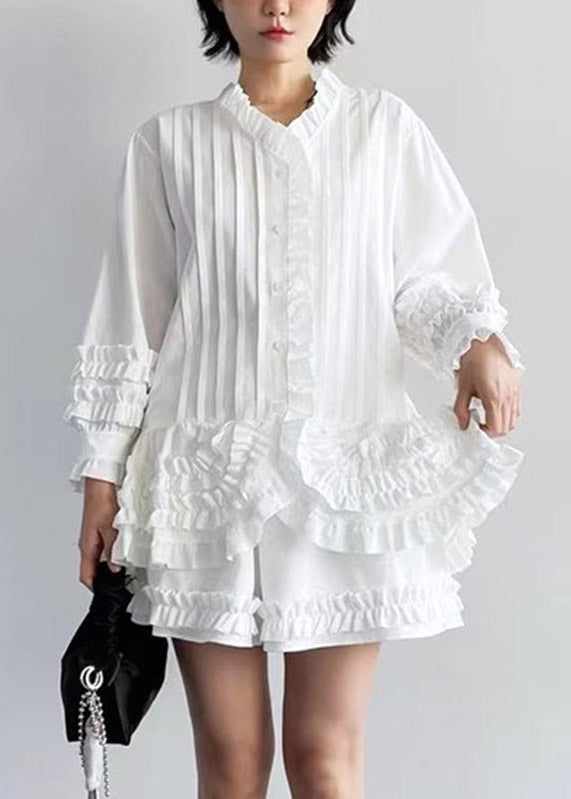 White Stand Collar Solid Shirts And Shorts Two Pieces Set Puff Sleeve