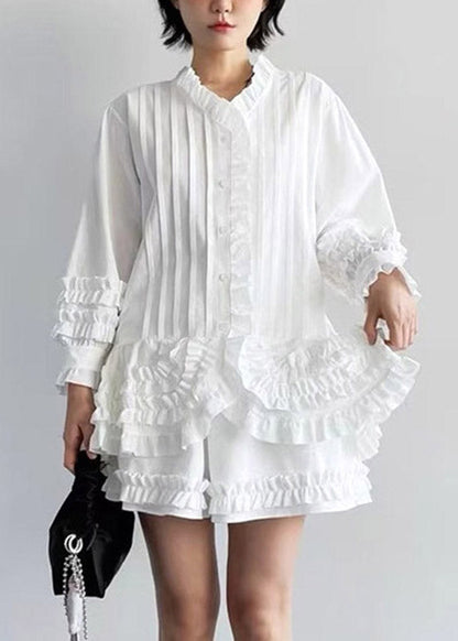 White Stand Collar Solid Shirts And Shorts Two Pieces Set Puff Sleeve
