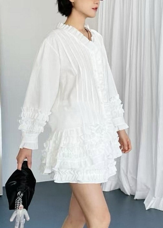 White Stand Collar Solid Shirts And Shorts Two Pieces Set Puff Sleeve
