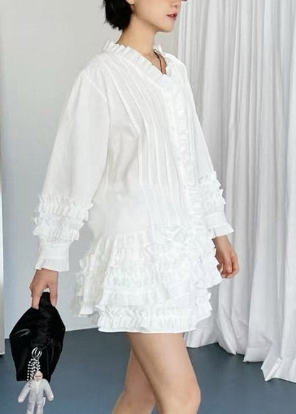 White Stand Collar Solid Shirts And Shorts Two Pieces Set Puff Sleeve