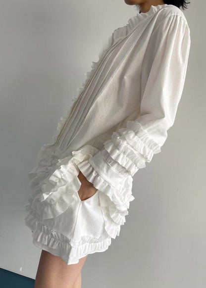 White Stand Collar Solid Shirts And Shorts Two Pieces Set Puff Sleeve