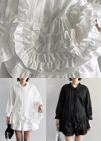 White Stand Collar Solid Shirts And Shorts Two Pieces Set Puff Sleeve