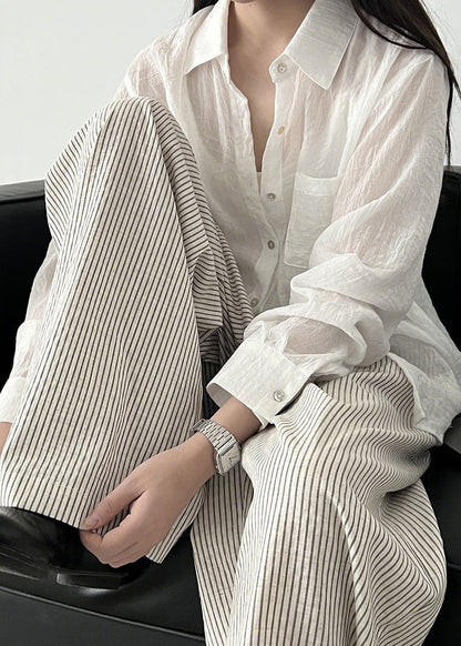 White Striped Cotton Wide Leg Pants Trousers Oversized Spring