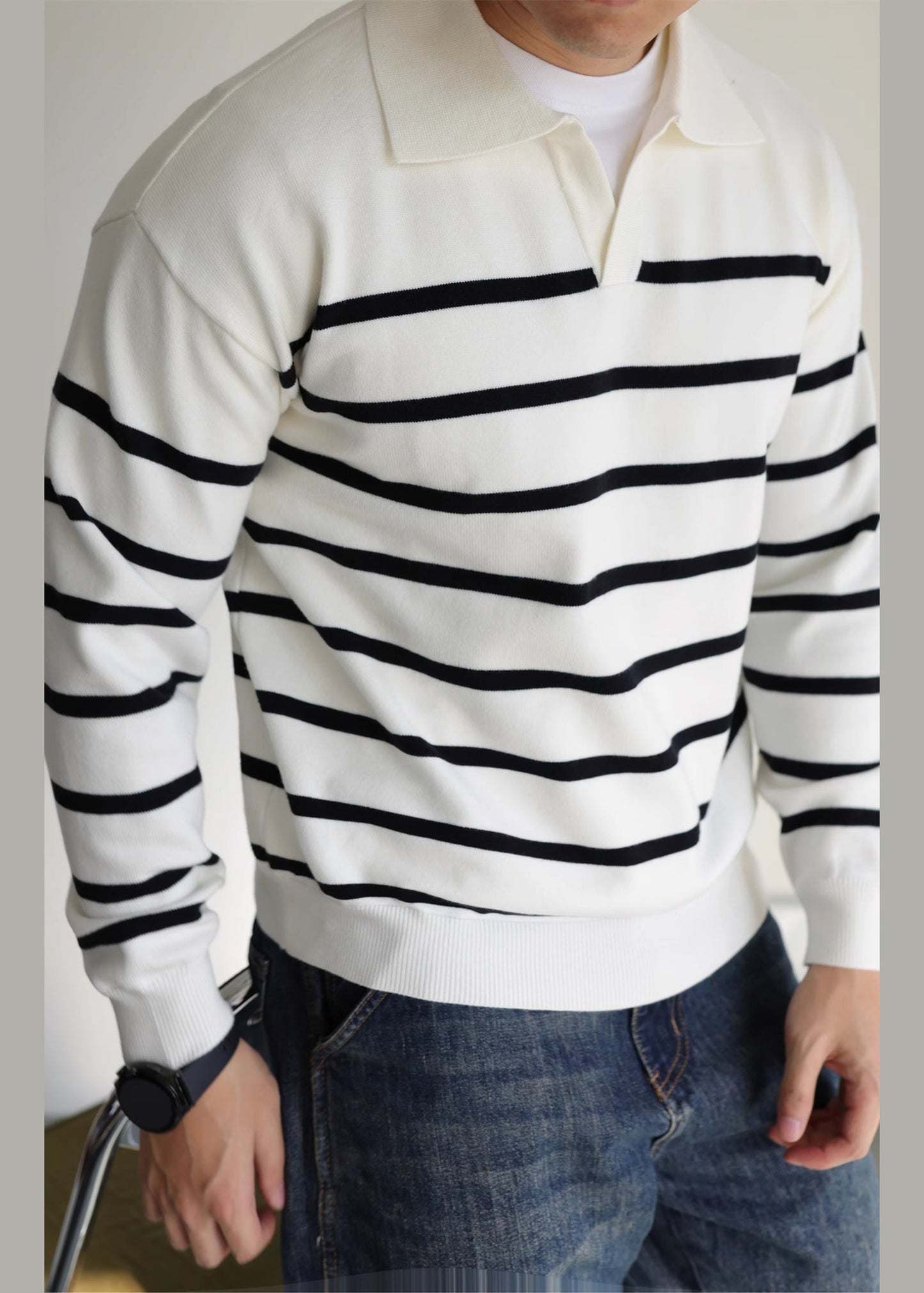 White Striped Cozy Knit Men Sweater Peter Pan Collar