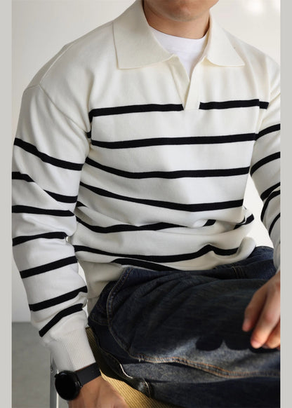 White Striped Cozy Knit Men Sweater Peter Pan Collar