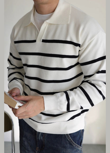 White Striped Cozy Knit Men Sweater Peter Pan Collar