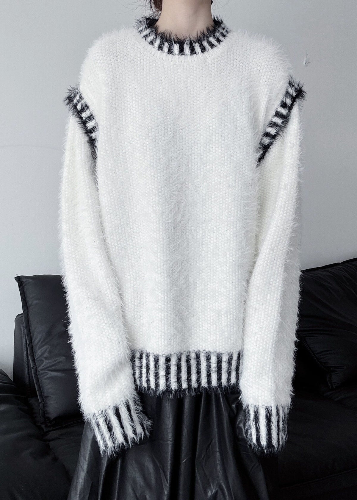 White Striped Mink Hair Knitted Pullover Oversized Winter