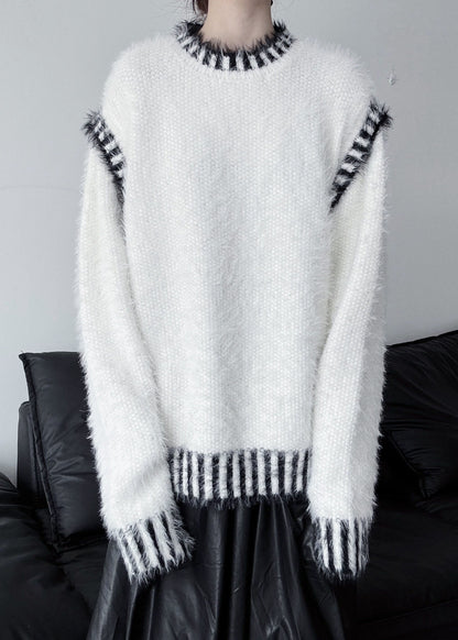 White Striped Mink Hair Knitted Pullover Oversized Winter